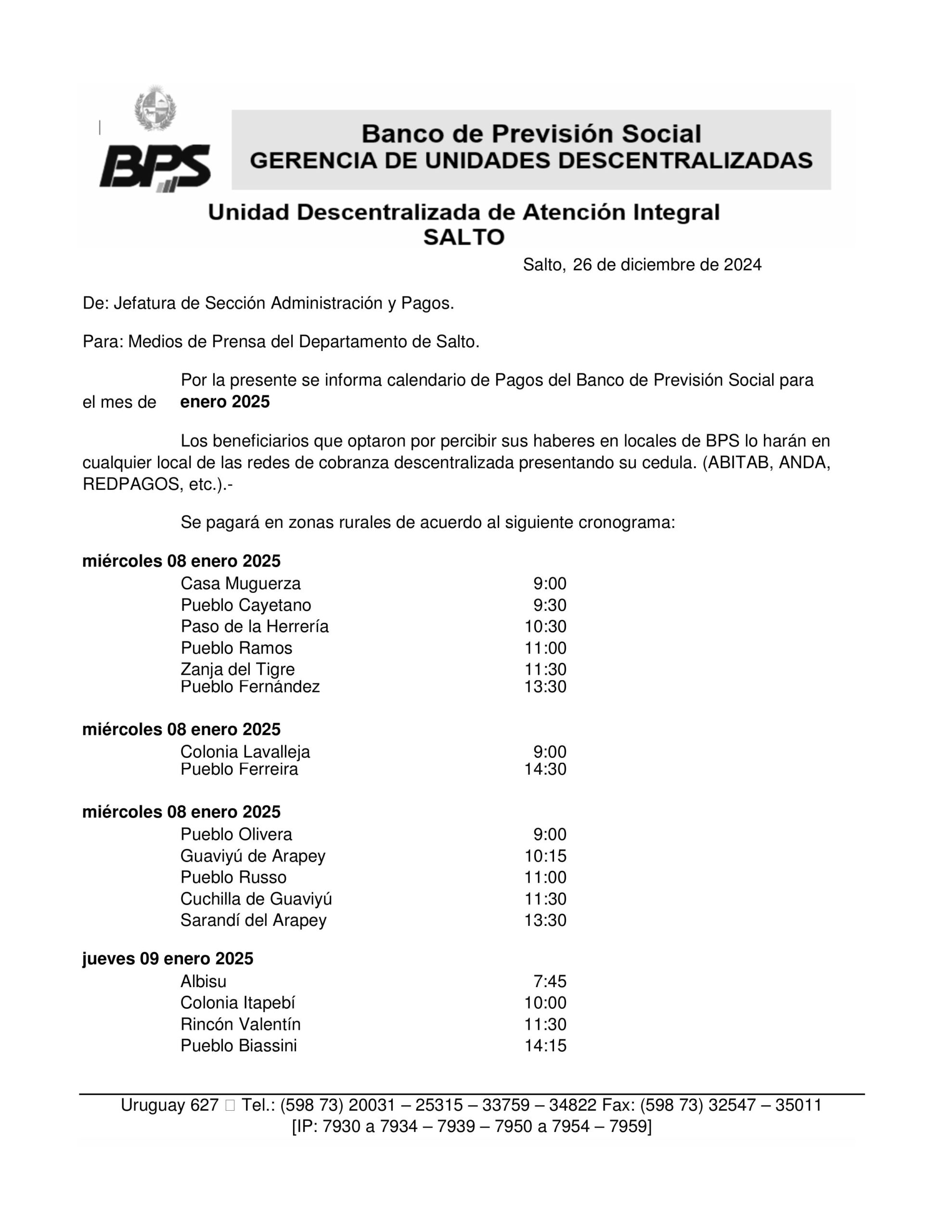 Cronograma de pagos del Banco de Previsión para el mes de enero 2025 ...